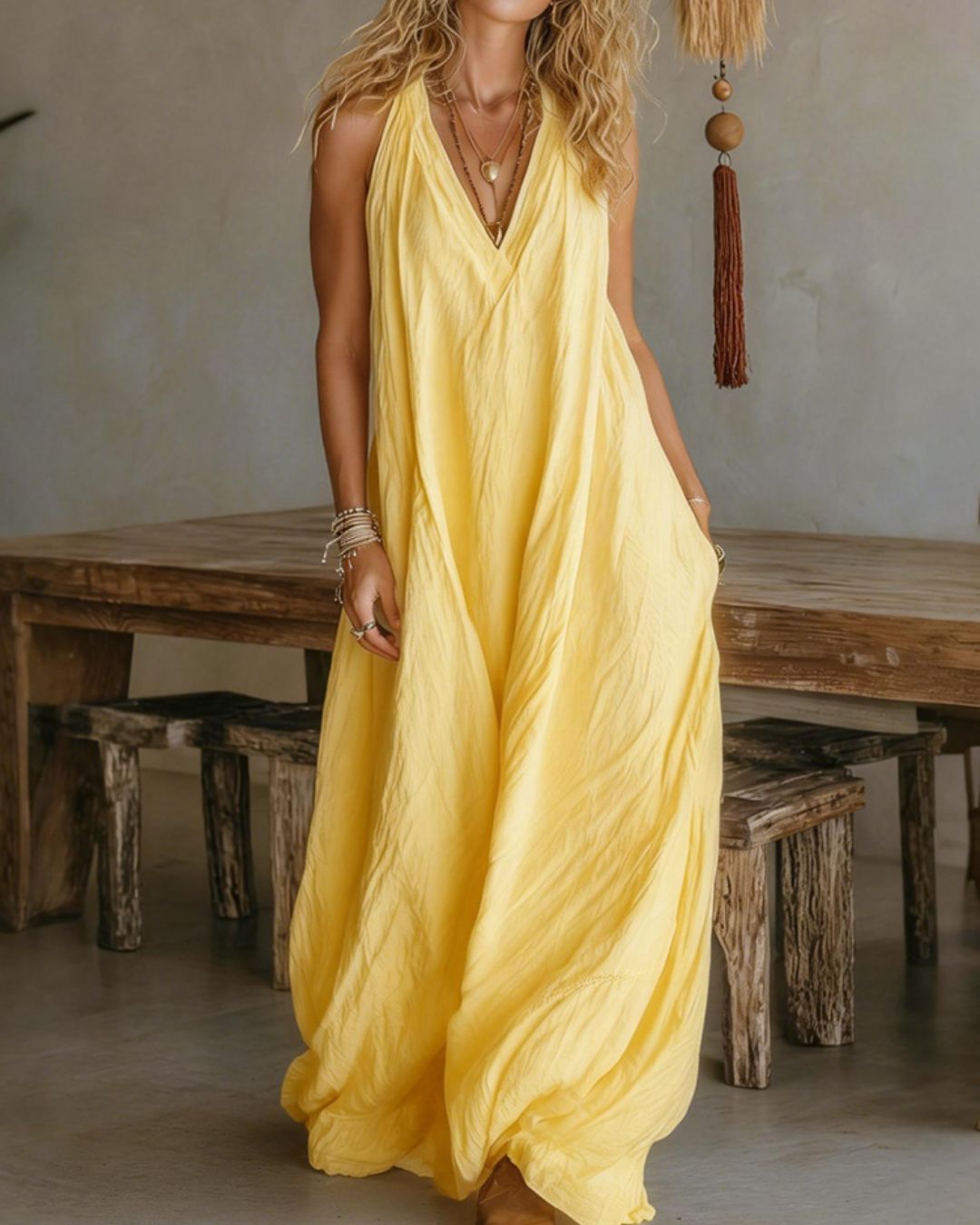 Flowy Boho V-Neck Halter Maxi Dress