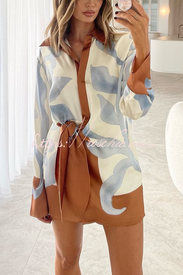 Satin Colorblock Tie-Up Shirt Mini Dress | Long Sleeve
