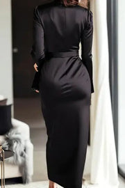 Satin V-Neck Long Sleeve Midi Dress with Waist Tie