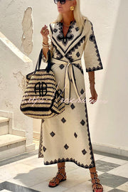 Linen Blend Ethnic Print Belted Midi Dress | Vacation Style