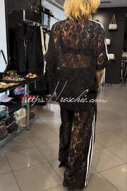 Lace Trim Short Sleeve Shirt & Loose Pants Set