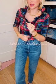 Holiday Plaid Ruffle Stand Neck Blouse – Loose Fit