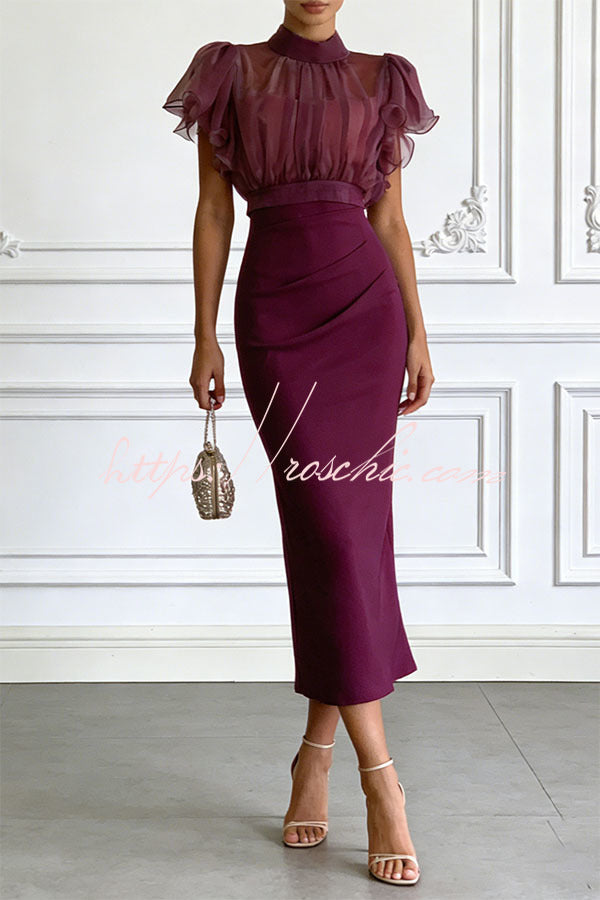 Sheer High-Neck Ruffle Sleeve Top & Ruched Midi Dress Set