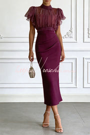 Sheer High-Neck Ruffle Sleeve Top & Ruched Midi Dress Set