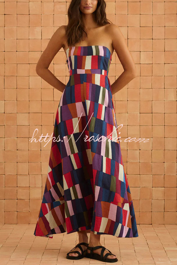 Linen Blend Color Block Strapless Midi Dress