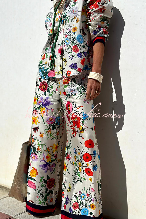 Blouse boutonnée surdimensionnée en satin à imprimé floral
