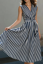 Striped Sleeveless V-Neck Belted Midi Dress