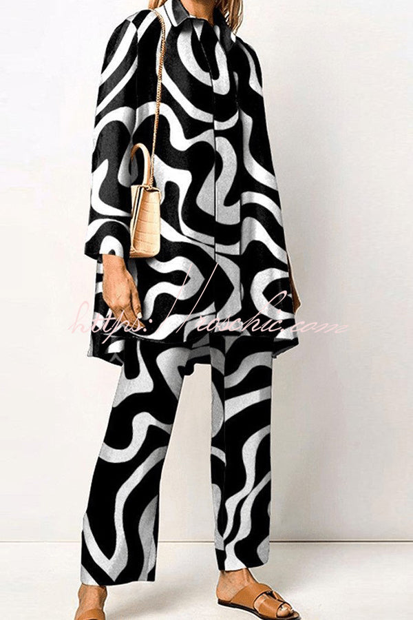 Geometric Print Lapel Two-Piece Top and Pants Set
