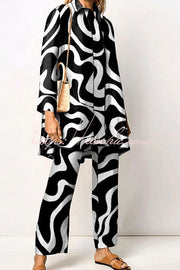 Geometric Print Lapel Two-Piece Top and Pants Set