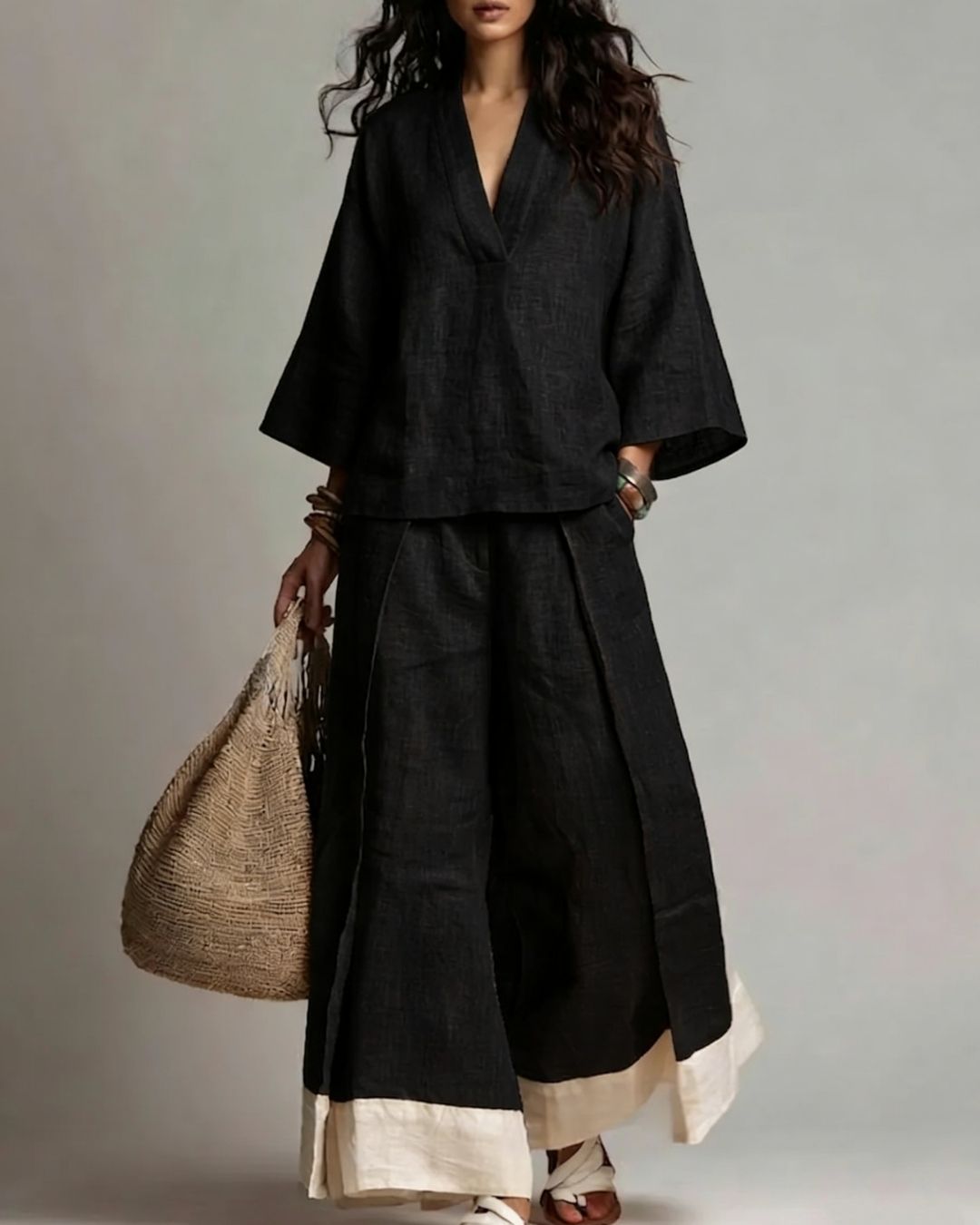 Bohemian Linen Tunic & Palazzo Pants Set