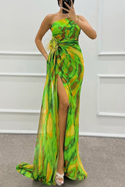 Watercolor Feather Print Off-Shoulder Chiffon Maxi Dress