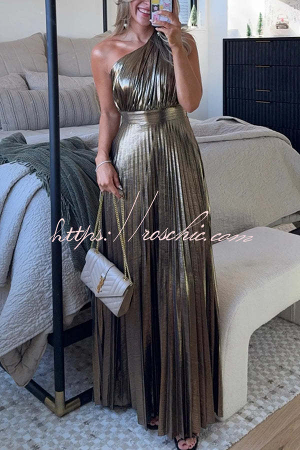 Robe longue plissée métallisée à une épaule – Tenue de soirée