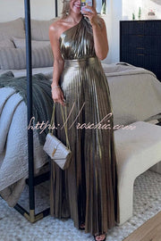 Robe longue plissée métallisée à une épaule – Tenue de soirée