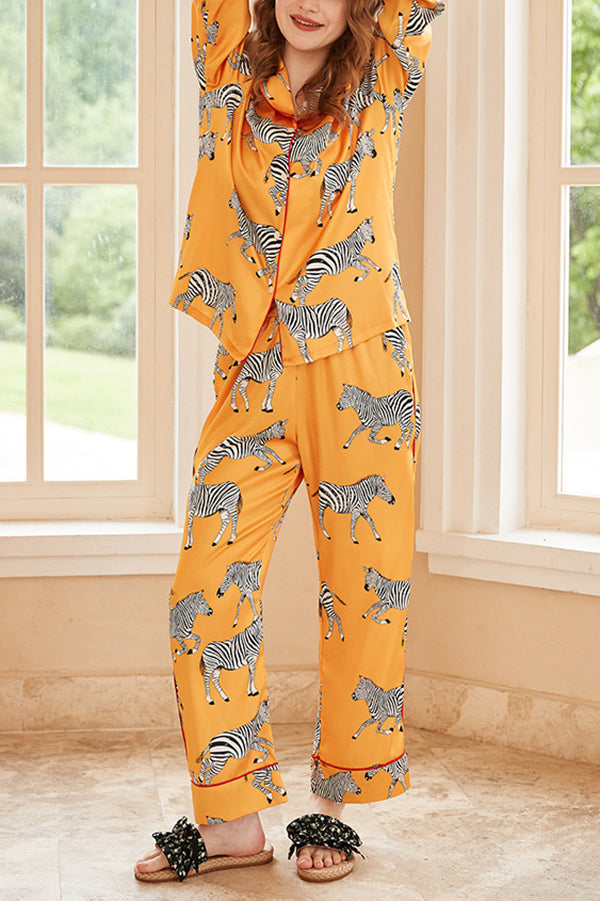 Yellow Zebra Print Long Sleeve Two-Piece Lounge Set