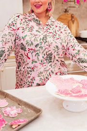 Satin Pajama Set with Feather Trim & Holiday Print