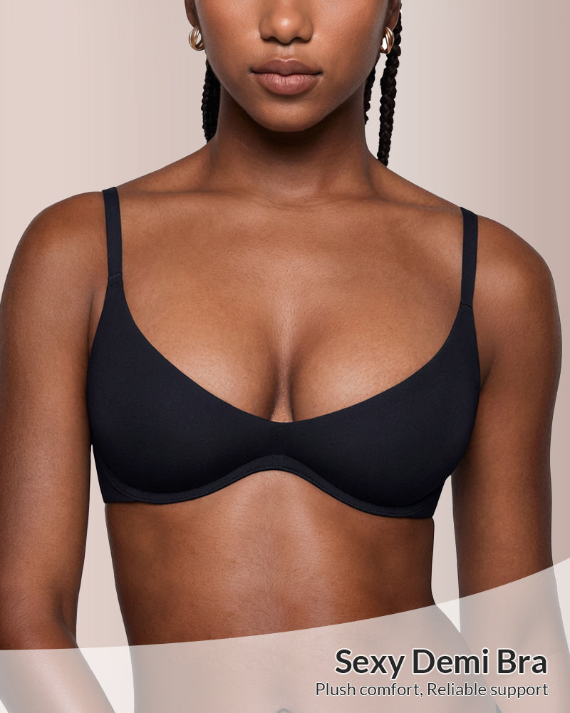 Unlined Underwire Demi Balconette Bra – Deep Plunge Support