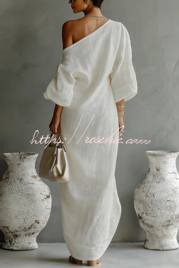 Linen Blend One-Shoulder Maxi Dress with Lantern Sleeves