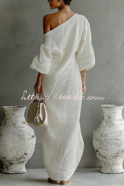 Linen Blend One-Shoulder Maxi Dress with Lantern Sleeves