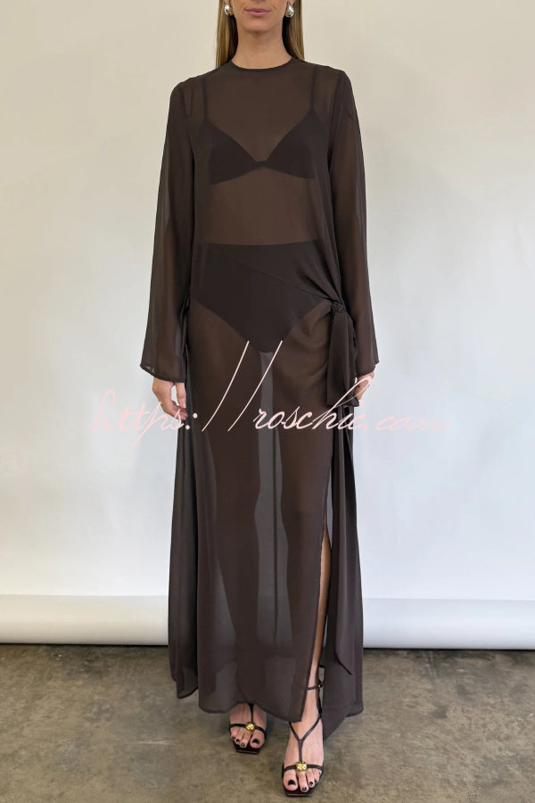 Mesh See-Through Maxi Dress with Tie Bow & Side Slit