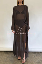 Mesh See-Through Maxi Dress with Tie Bow & Side Slit