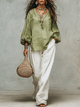 Sage Linen Blouse & Relaxed White Trousers Pants Set