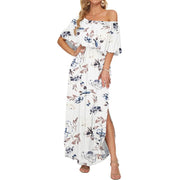 [Restocked] AUSELILY Women's Plus Size Off The Shoulder Dress Wedding Guest Dress Summer Casual Long Ruffle Party Side Split Beach Maxi Dresses with Pockets