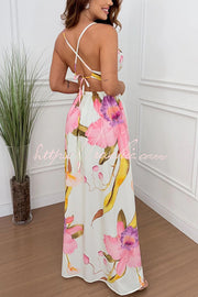 Floral Print Cutout Waist Open Back Lace-Up Slit Maxi Dress