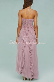 Pleated Ruffle Halter Maxi Dress – Asymmetric Party Gown