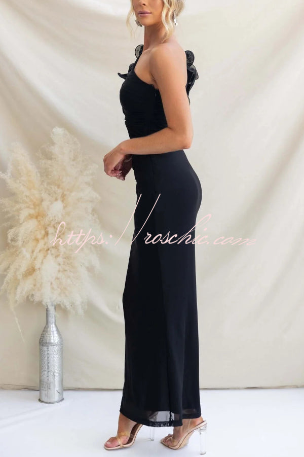 One-Shoulder Mesh Maxi Dress – Slim Fit Party Dress
