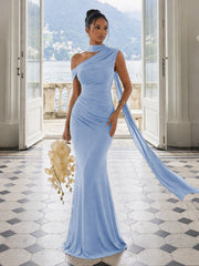 One Shoulder Formal Evening Gown with Built-In Bra, Ruched Mesh
