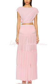 Chiffon Ruched Shoulder Crop Top | Short Sleeve Blouse