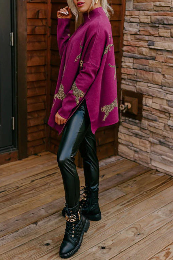 Leopard Print High Neck Relaxed Sweatshirt with Side Slit