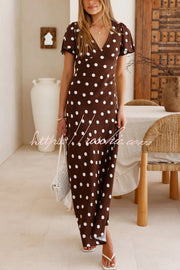 Robe longue à pois – Robe de vacances à manches courtes et col en V