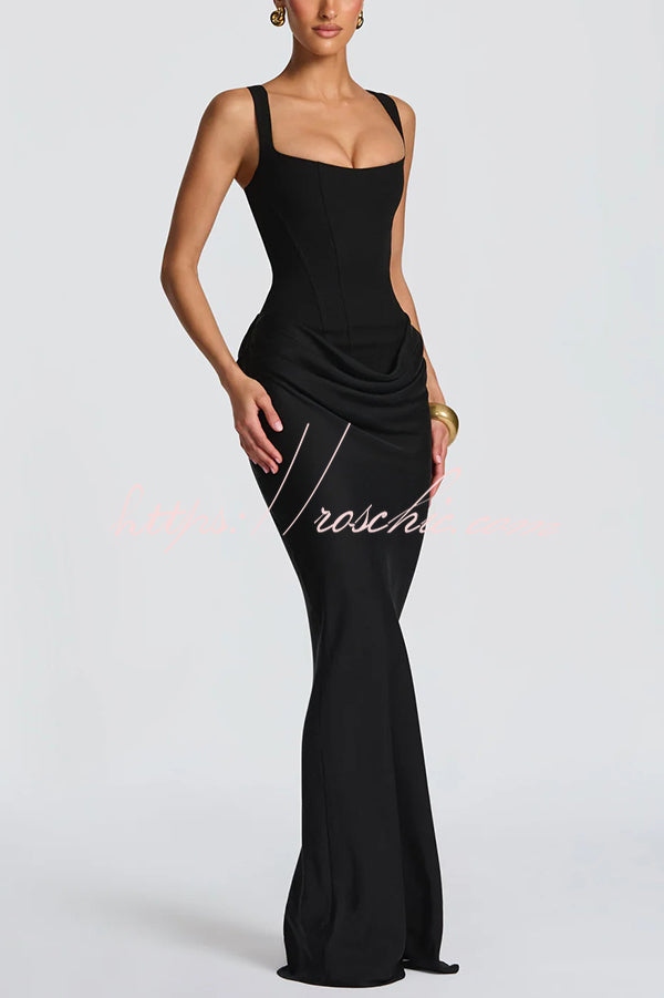 Square Neck Satin Drape Maxi Dress with Lace-Up Back
