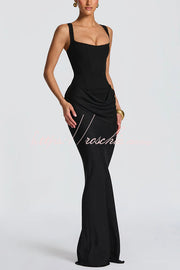 Square Neck Satin Drape Maxi Dress with Lace-Up Back