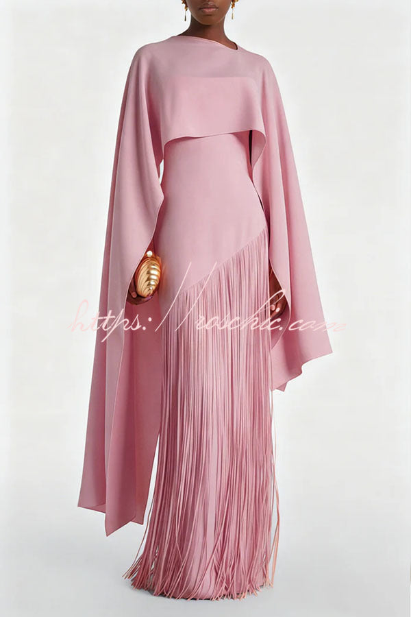 Fringed Hem Maxi Gown with Detachable Shawl Detail