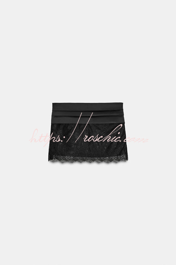 Satin Bow Appliqué Mid Rise Lace Hem Mini Skirt