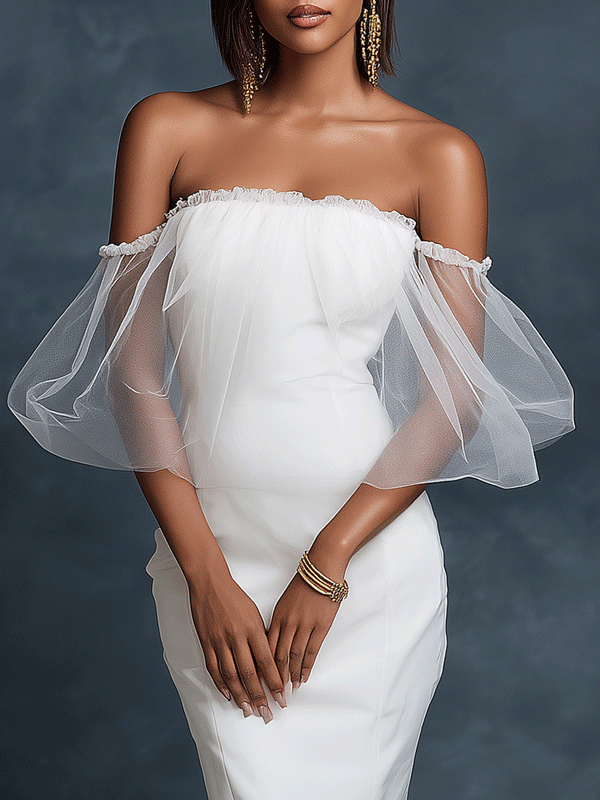 Robe midi moulante en tulle blanc à manches bouffantes avec fente latérale