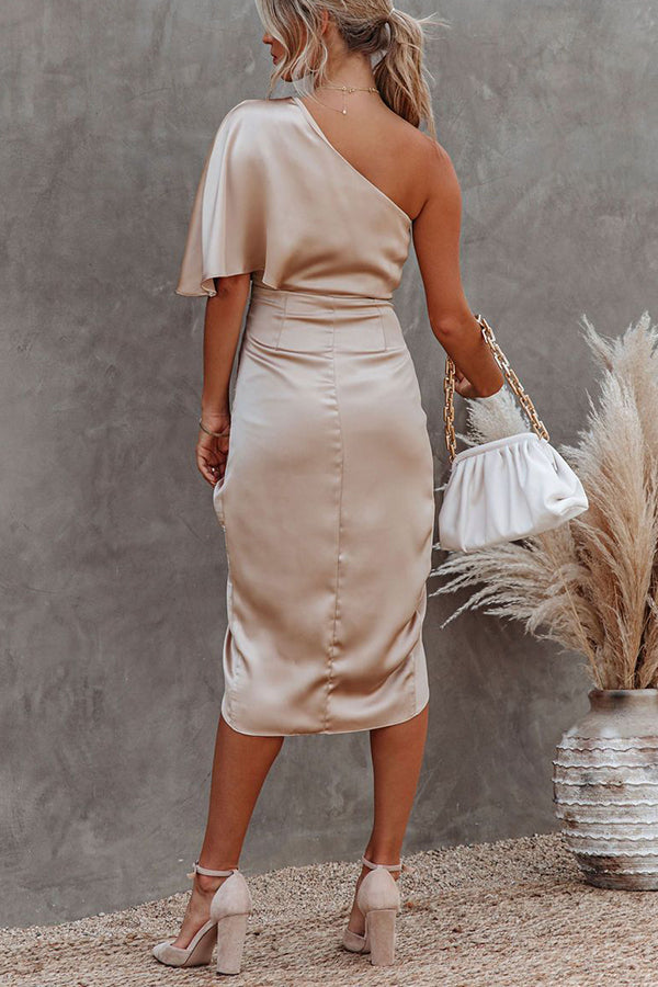 One Shoulder Satin Midi Dress for Parties