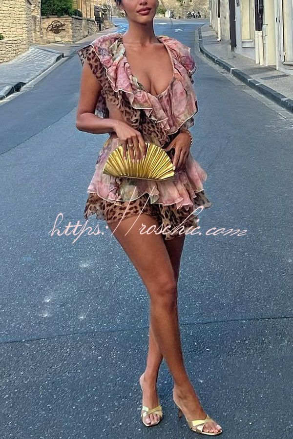 Floral Leopard Print Cutout Waist Tiered Ruffle Mini Dress