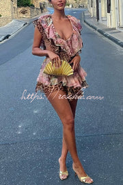Floral Leopard Print Cutout Waist Tiered Ruffle Mini Dress