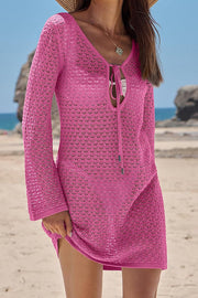 Knit Hollow V-Neck Long Sleeve Mini Cover Up Dress