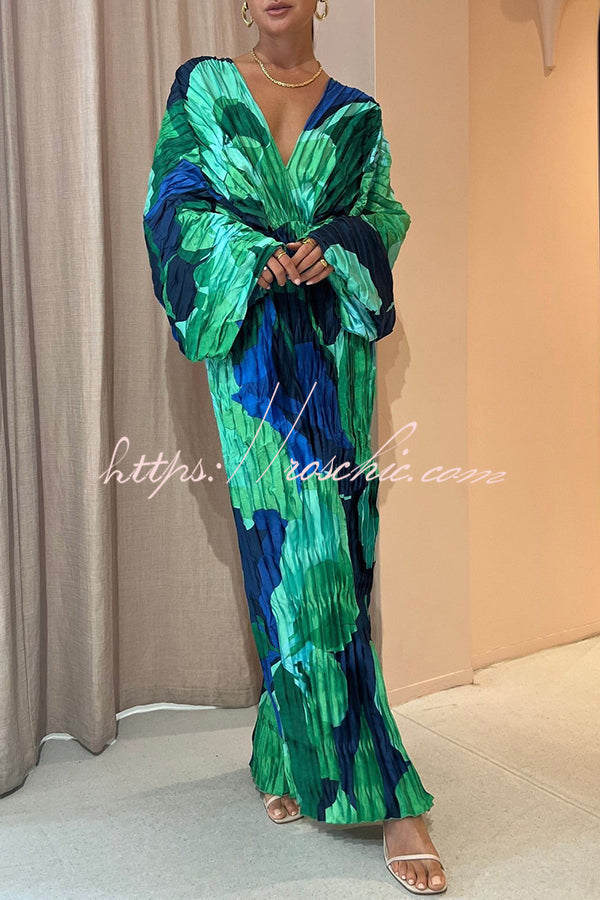 Tropical Print Kimono Sleeve Pleated Cocoon Maxi Dress