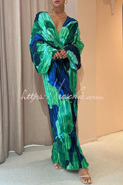 Tropical Print Kimono Sleeve Pleated Cocoon Maxi Dress