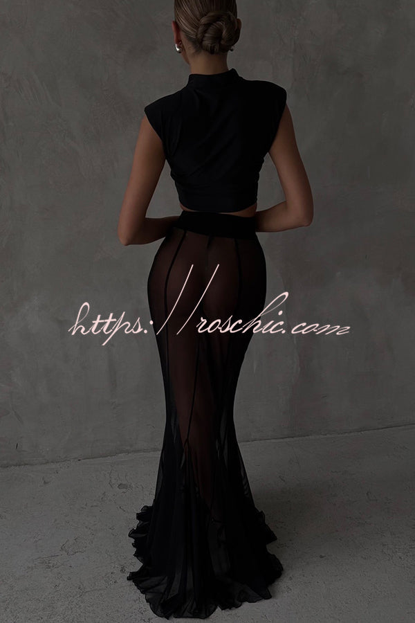 Mesh High Rise Fishtail Maxi Skirt – Elastic Waist