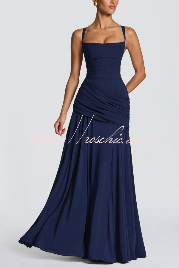 Spaghetti Strap Square Neck Pleated Maxi Dress – Slim Fit