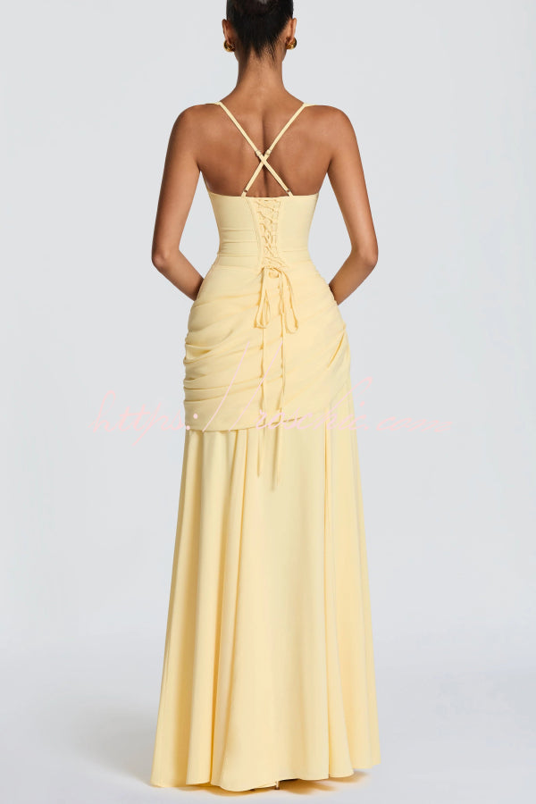 Spaghetti Strap Square Neck Pleated Maxi Dress – Slim Fit