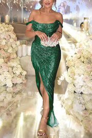 Glitter Off Shoulder Ruched Slit Maxi Dress for Parties