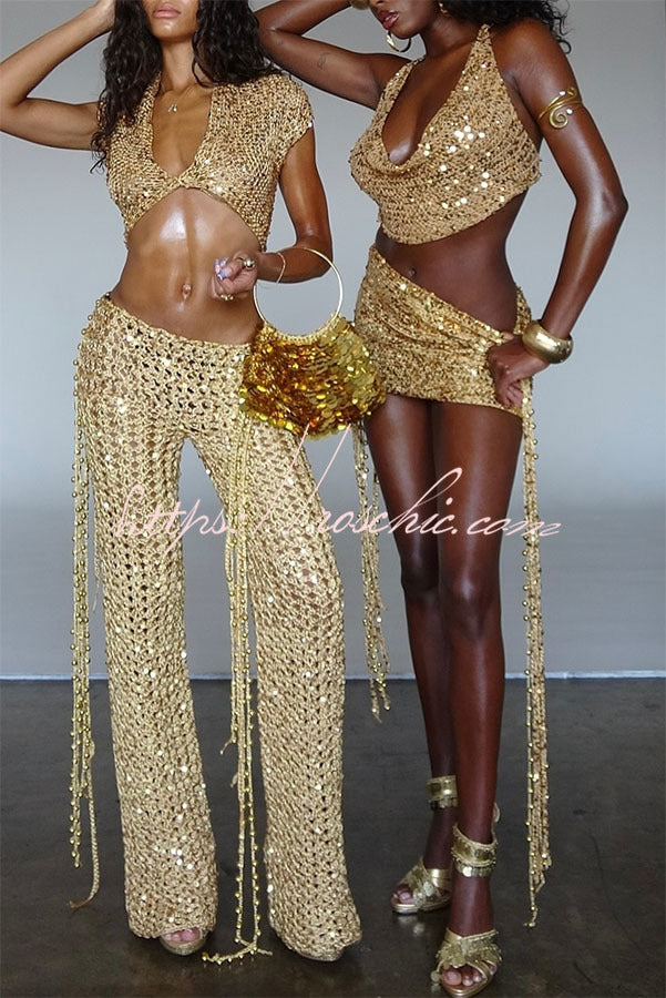 Sequin Knit Crop Top & Beaded Waist Pants Set