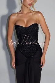 Sequined Satin Jersey Off-Shoulder Ruched Maxi Dress